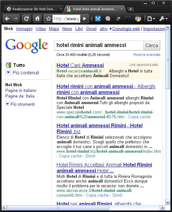 posizionamento: esempio di SERP per hotel rimini animali